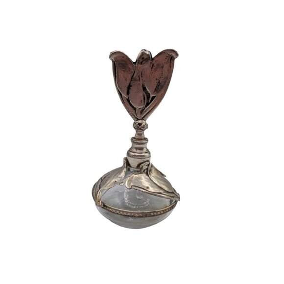 Vintage Silver-Plated Floral Tulip Perfume Bottle With Glass Dropper 6" Tall Ele - Picture 11 of 12